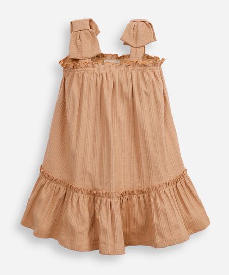 vestido de algodão infantil alça com laço texturizado bege 2