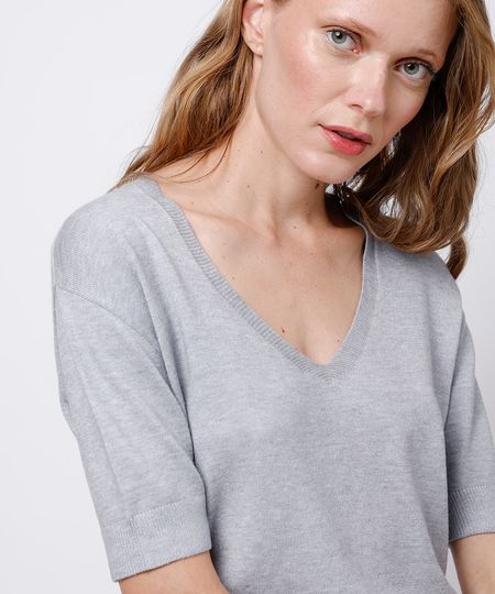 blusa feminina de tricot decote v mindset cinza PP