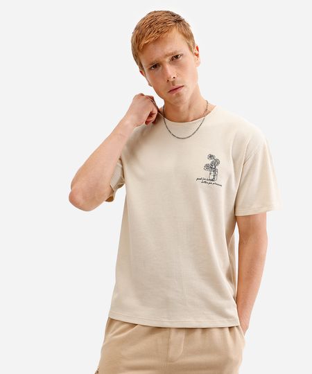 camiseta masculina de algodão texturizada com bordado bege P camiseta masculina de algodão texturizada com bordado bege P
