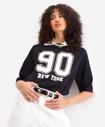 polo oversized feminina de algodão new york preta M