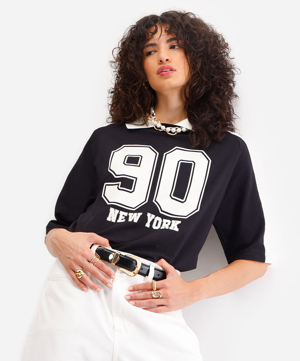 polo oversized feminina de algodão new york preta