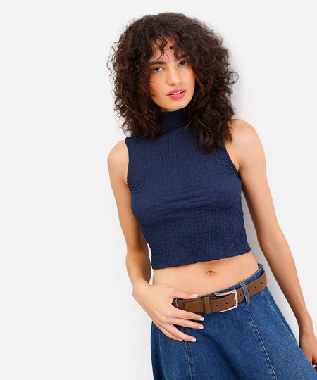 cropped feminino gola alta texturizado azul PP cropped feminino gola alta texturizado azul PP