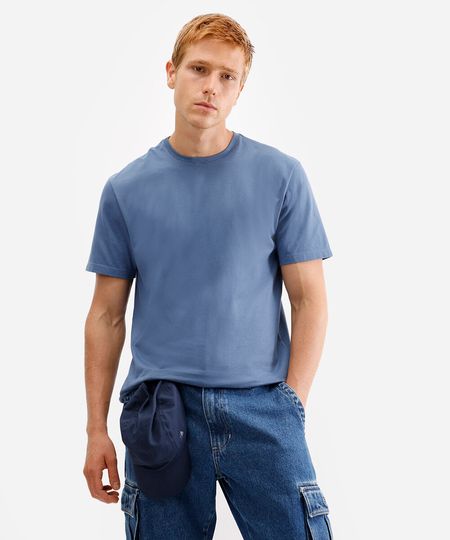 camiseta de algodão básica manga curta - azul jeans P