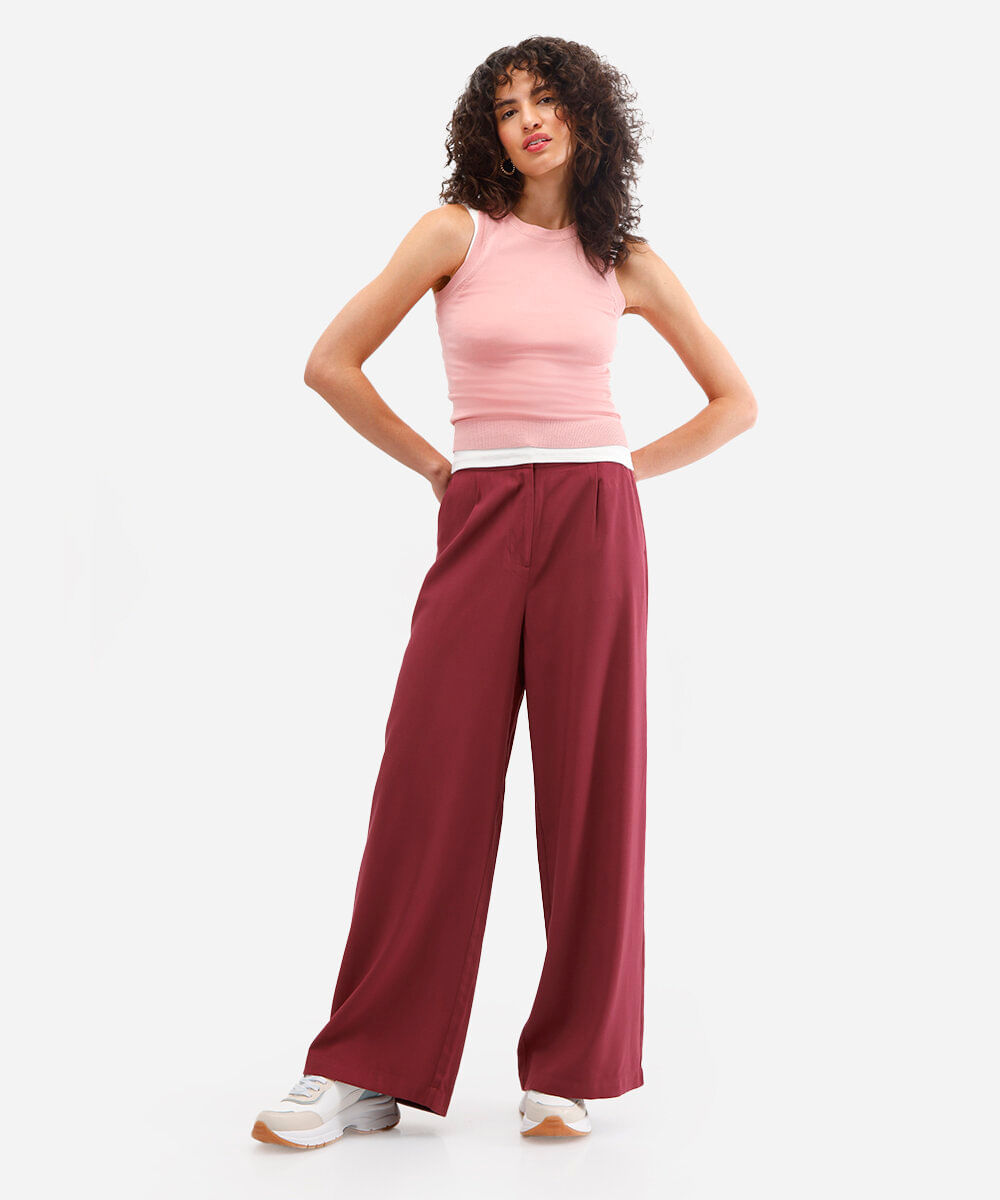 calça wide leg de viscose cintura alta com elástico - vinho