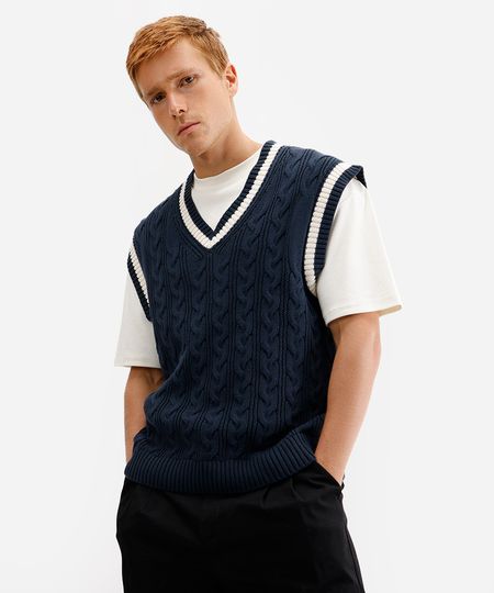 colete masculino de tricot texturizado azul P