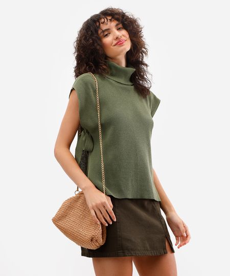 blusa feminina de tricot com abertura gola alta verde PP