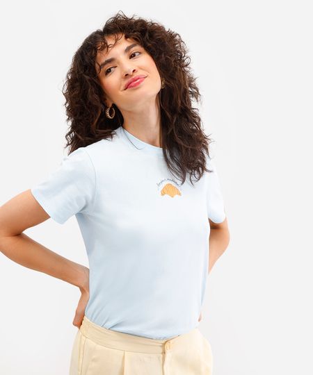 camiseta feminina de algodão croissant azul PP