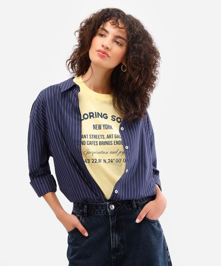camisa oversized feminina de algodão listrada azul PP