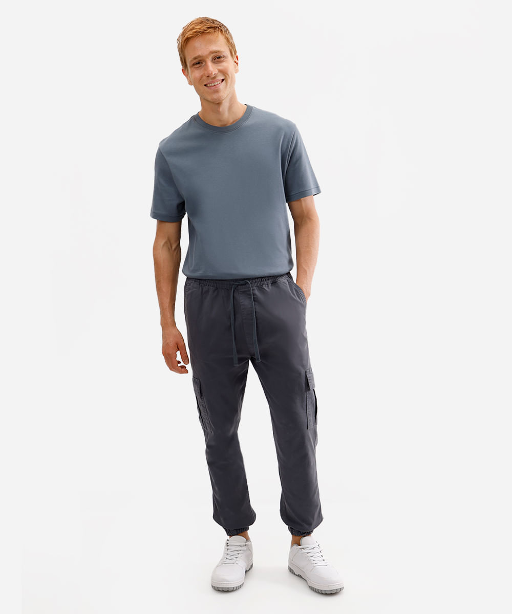 calça jogger cargo de sarja com cordão preta - cinza escuro calça jogger cargo de sarja com cordão preta - cinza escuro