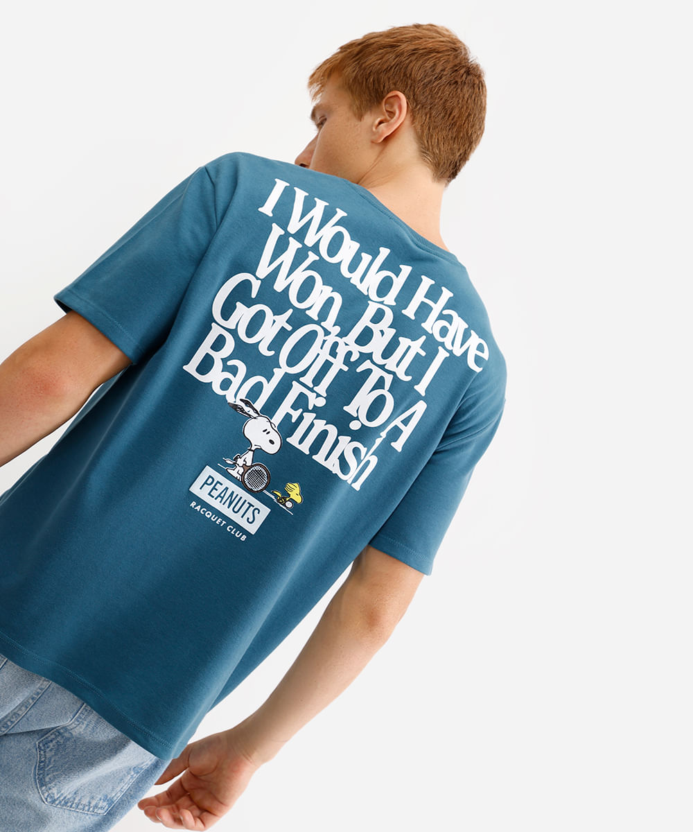 camiseta masculina de algodão snoopy azul
