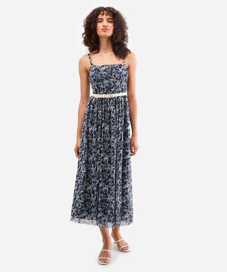 vestido midi feminino de tule estampado azul M