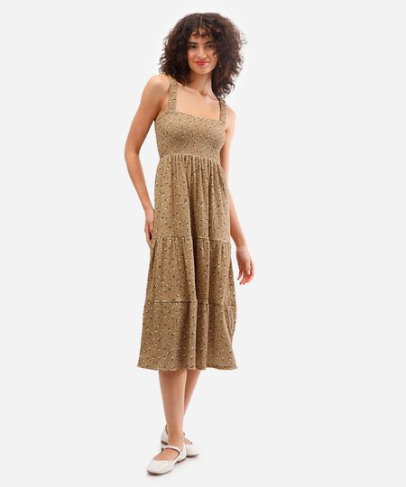 vestido midi feminino texturizado floral marrom M
