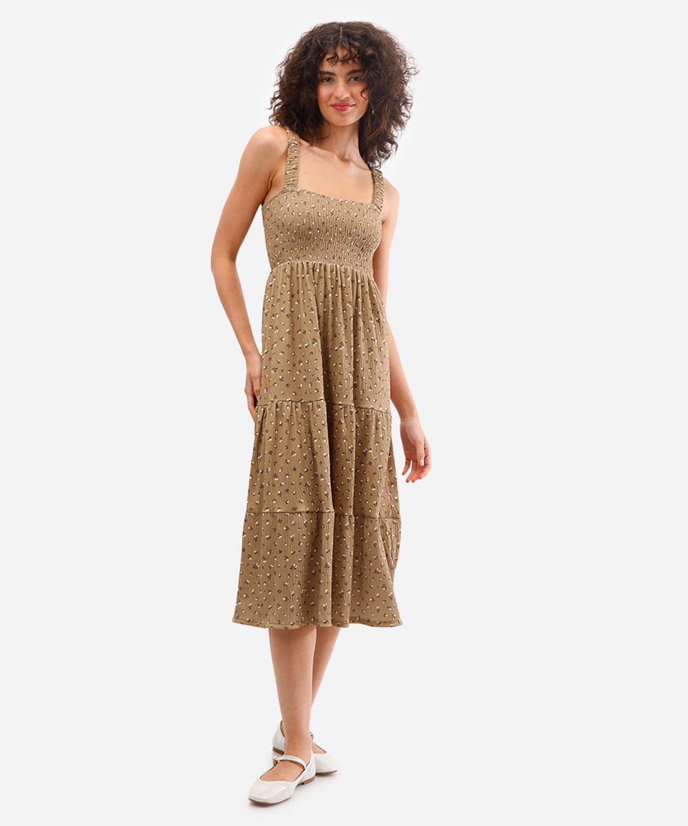 vestido midi feminino texturizado floral marrom