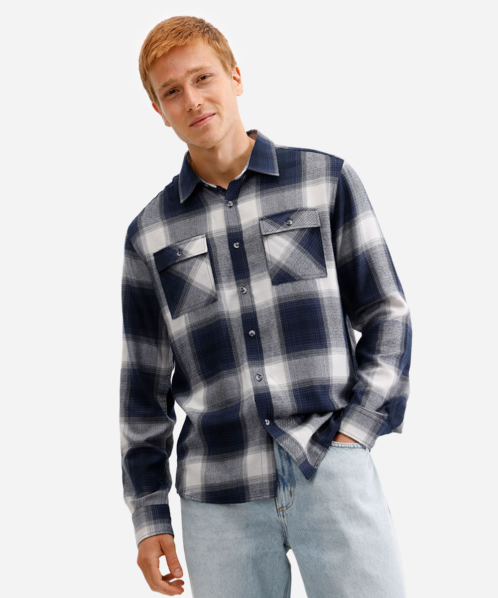 camisa masculina com viscose xadrez azul