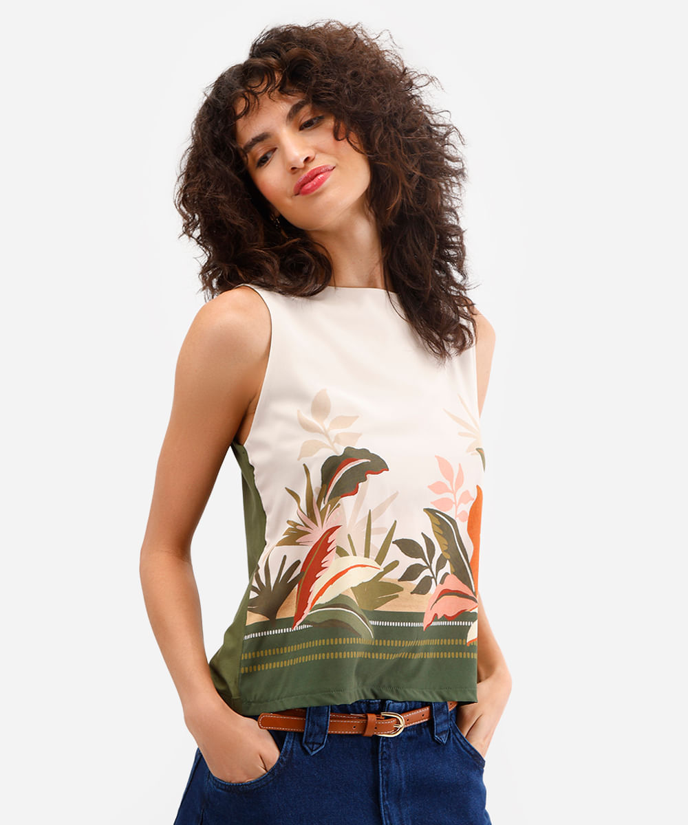 regata feminina de viscose folhagem verde