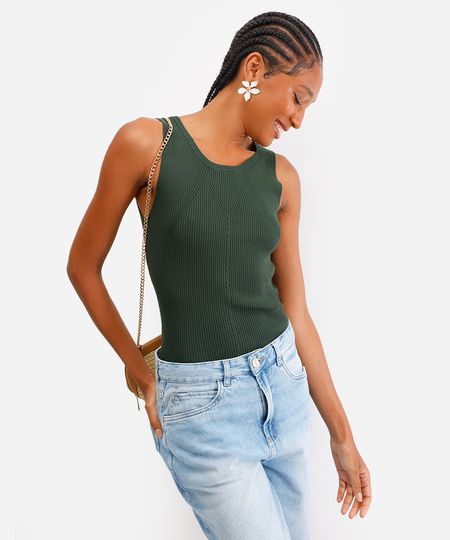 regata feminina de tricot canelada verde GG regata feminina de tricot canelada verde GG