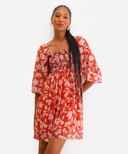 vestido curto feminino de tule manga bufante floral laranja P vestido curto feminino de tule manga bufante floral laranja P