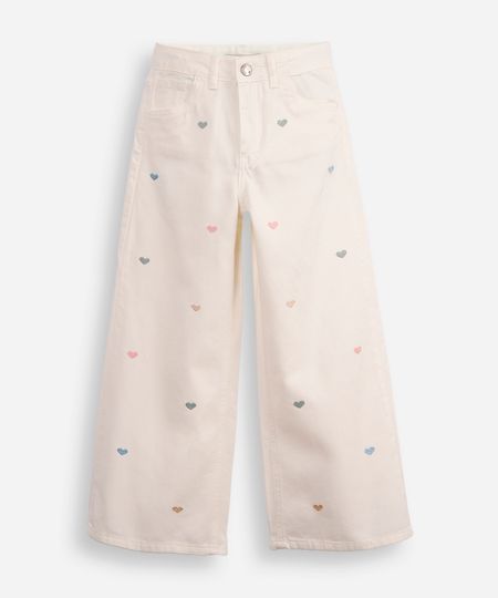 calça wide leg infantil de sarja coração off white 4