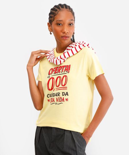 camiseta feminina de algodão estampada amarela PP