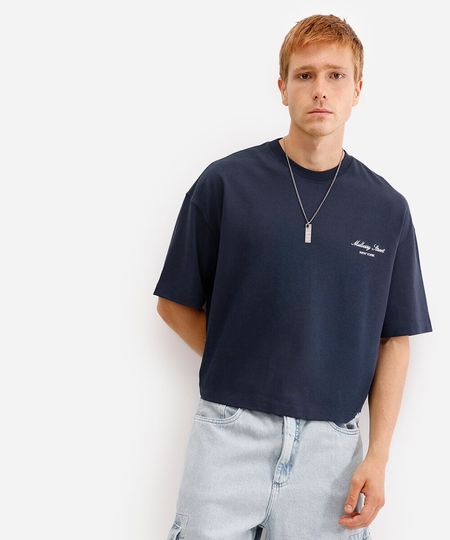 camiseta cropped masculina de algodão com bordado azul PP