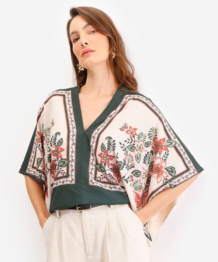 bata feminina decote v floral bege PP