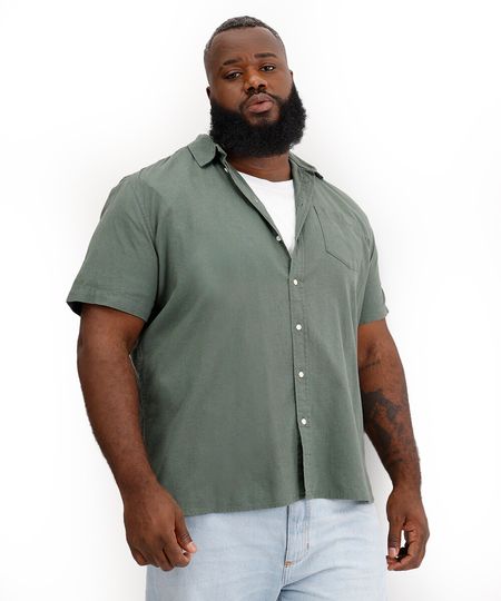 camisa plus size com linho manga curta verde GG1