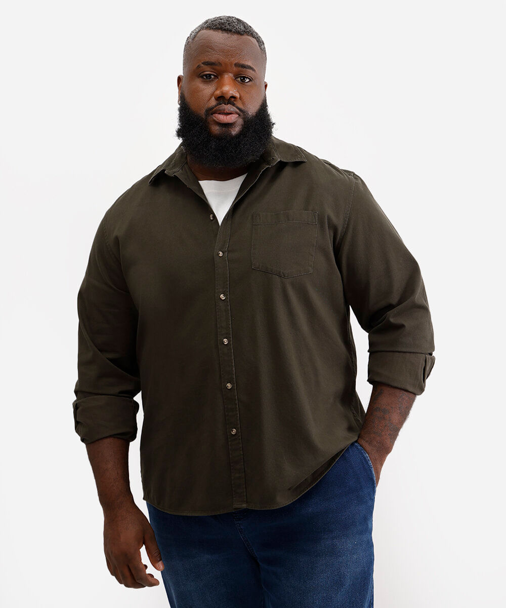 camisa masculina de sarja manga longa plus size verde