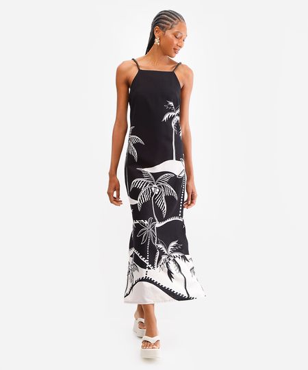vestido midi feminino alça fina folhagens preto P