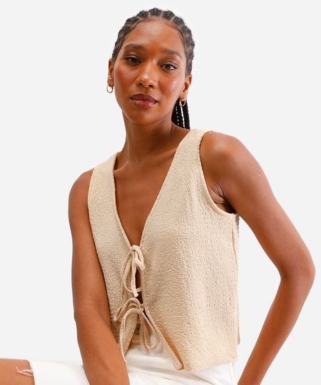 blusa cropped feminina com laço texturizada bege P