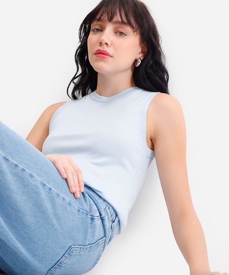 regata feminina de tricot decote redondo azul P regata feminina de tricot decote redondo azul P