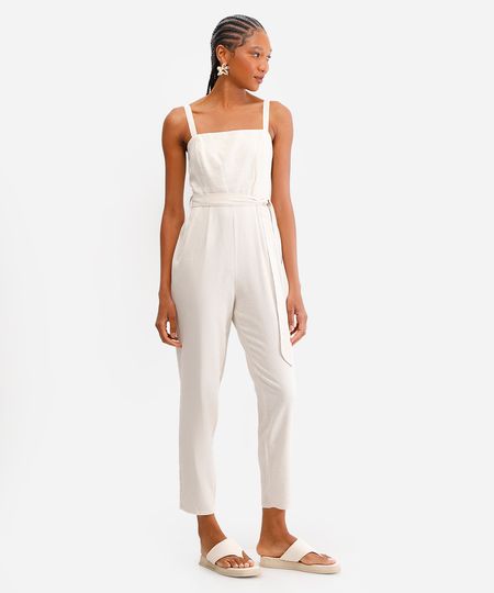 macacão feminino com linho bege P macacão feminino com linho bege P