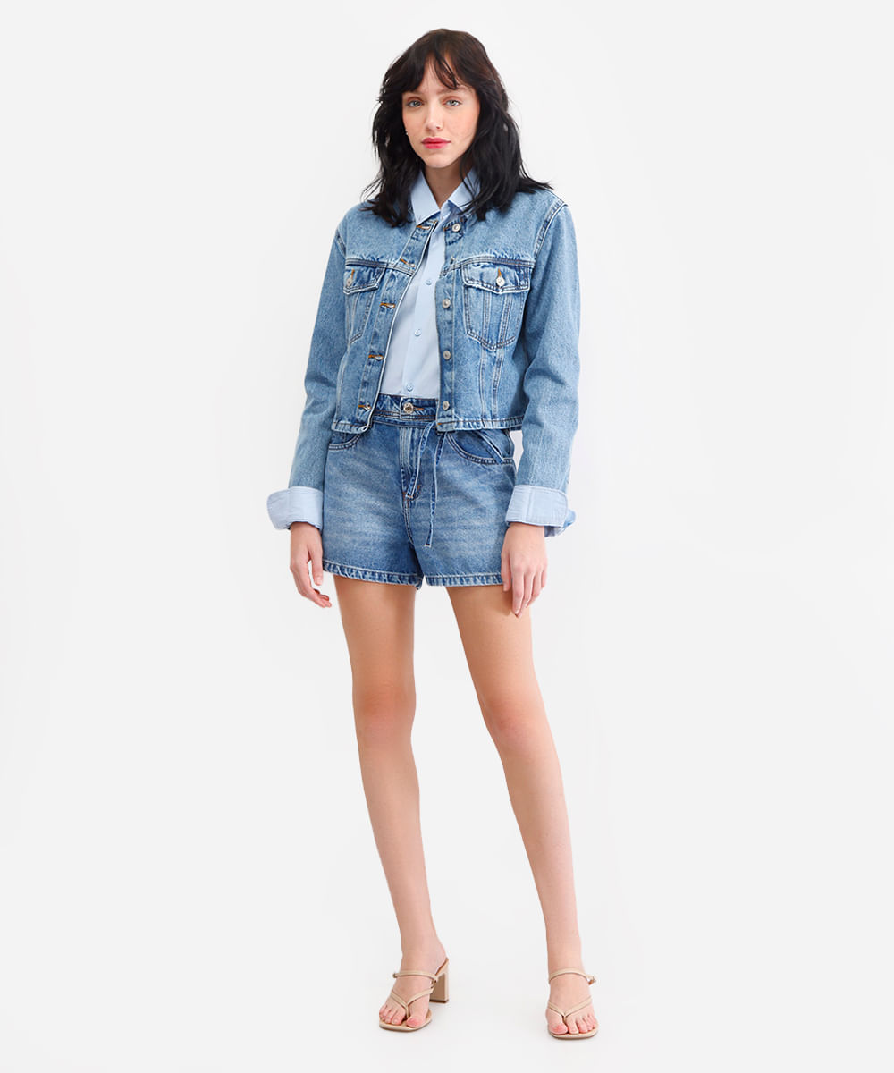 short mom feminino jeans cintura média azul
