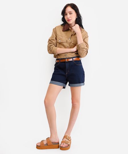 short feminino jeans com cinto azul 48