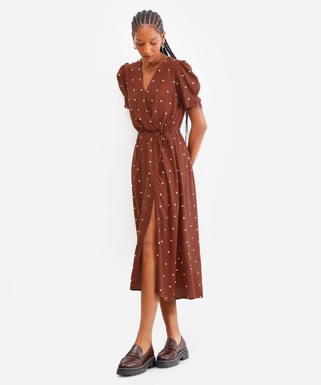vestido midi feminino transpassado de viscose poá marrom P