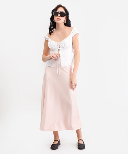 saia midi feminina acetinada rosa 40