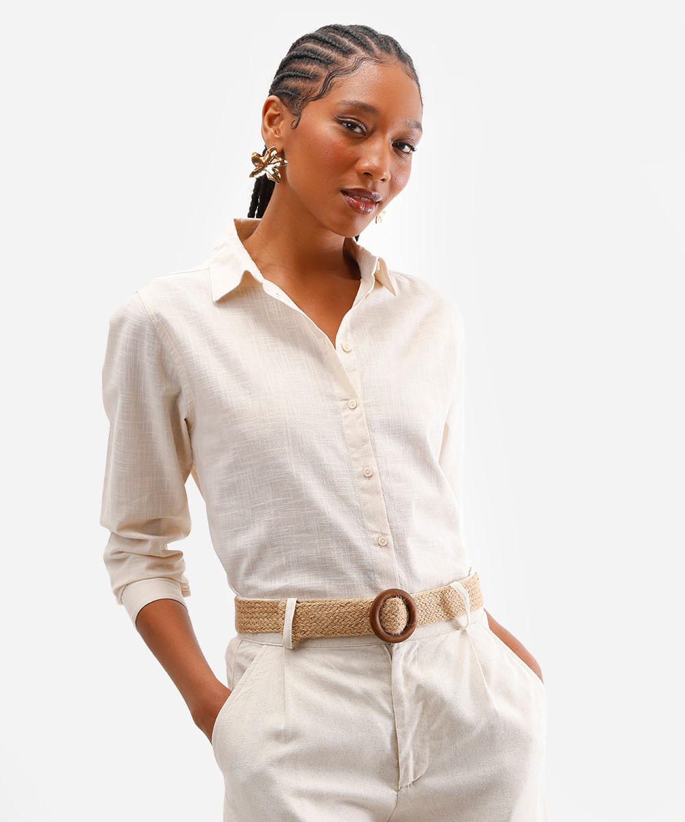 camisa de algodão manga longa bege