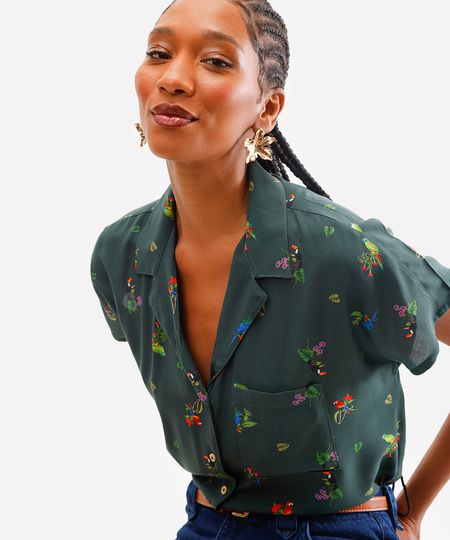 camisa de viscose com bolso pássaros verde PP camisa de viscose com bolso pássaros verde PP