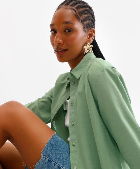 camisa de algodão manga longa verde M camisa de algodão manga longa verde M