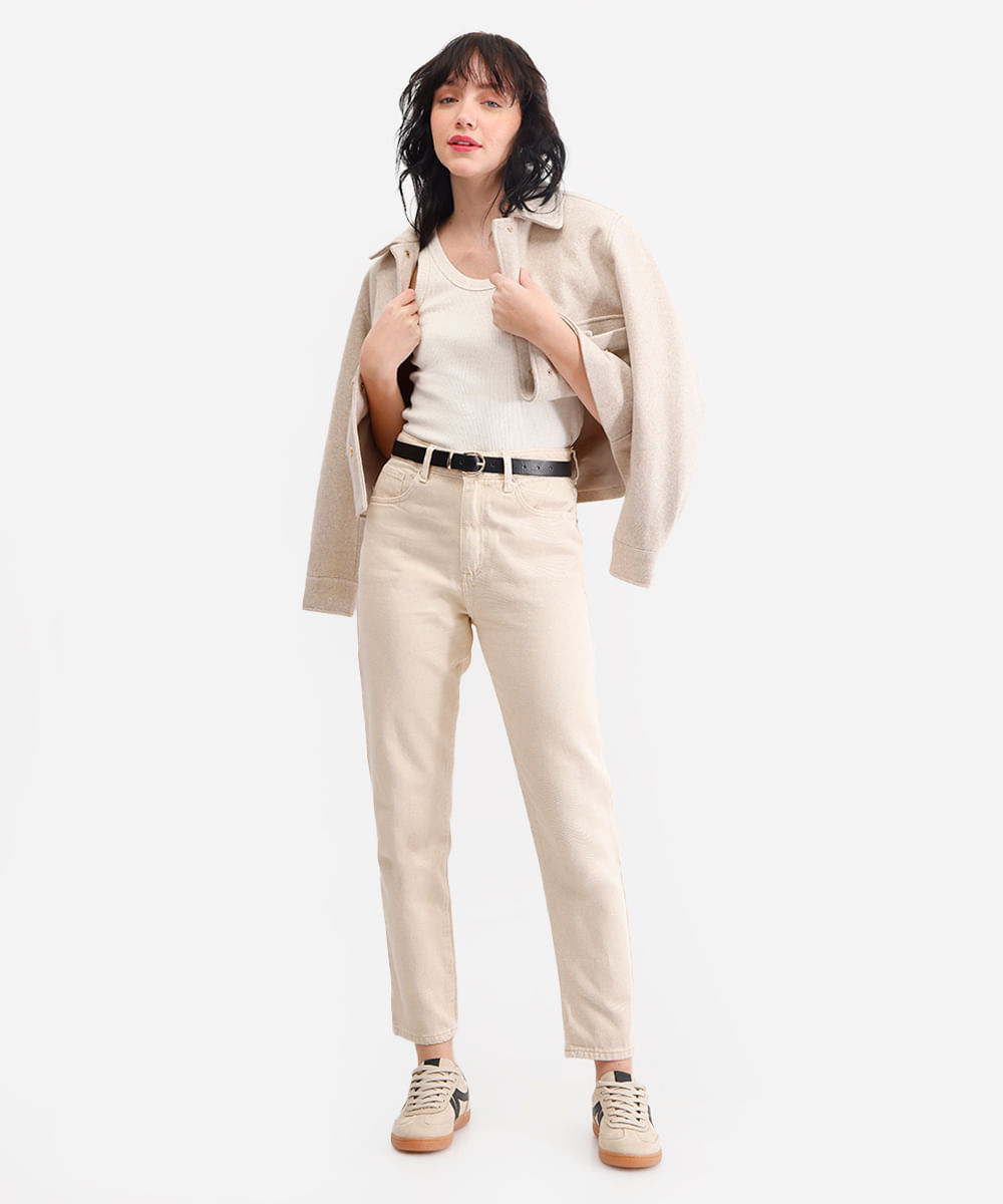 calça mom feminina de sarja cintura alta bege