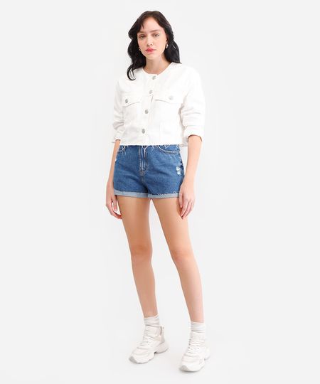 short feminino jeans com barra dobrada azul 34