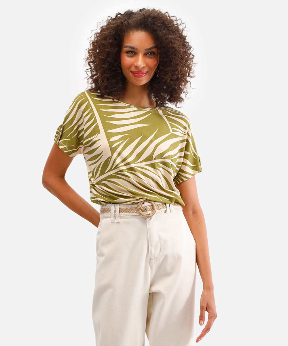 blusa feminina de viscose manga curta folhagens verde
