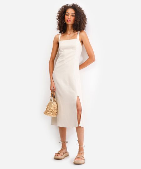 vestido midi feminino com linho e fenda bege M vestido midi feminino com linho e fenda bege M