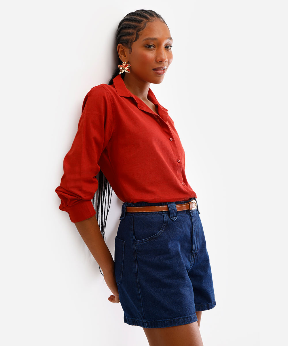 camisa de algodão manga longa laranja