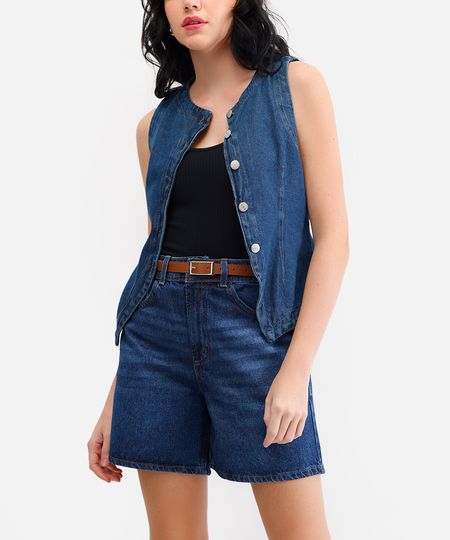 bermuda mom feminina jeans com cinto - jeans escuro 34