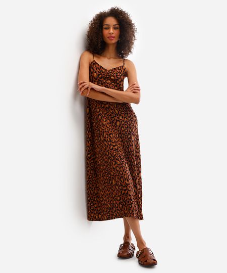 vestido midi feminino animal print texturizado marrom P vestido midi feminino animal print texturizado marrom P