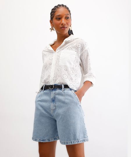 bermuda feminina jeans com pregas e cinto azul 34 bermuda feminina jeans com pregas e cinto azul 34