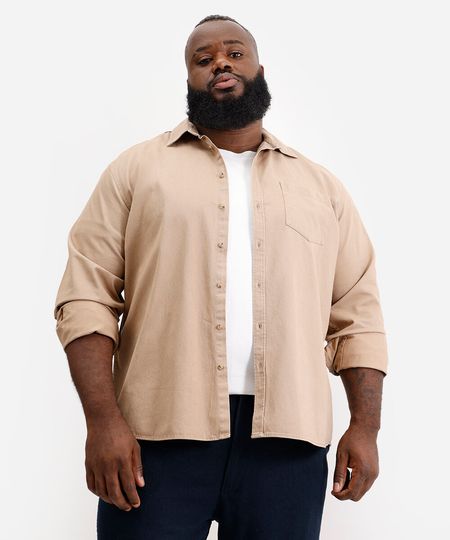 camisa masculina de sarja manga longa plus size bege GG2 camisa masculina de sarja manga longa plus size bege GG2