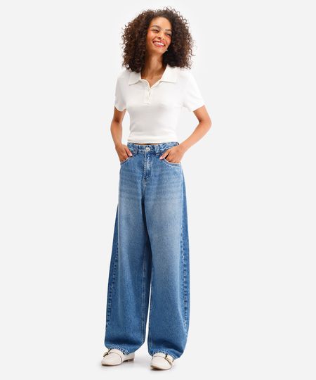 calça wide leg feminina cintura média azul 38