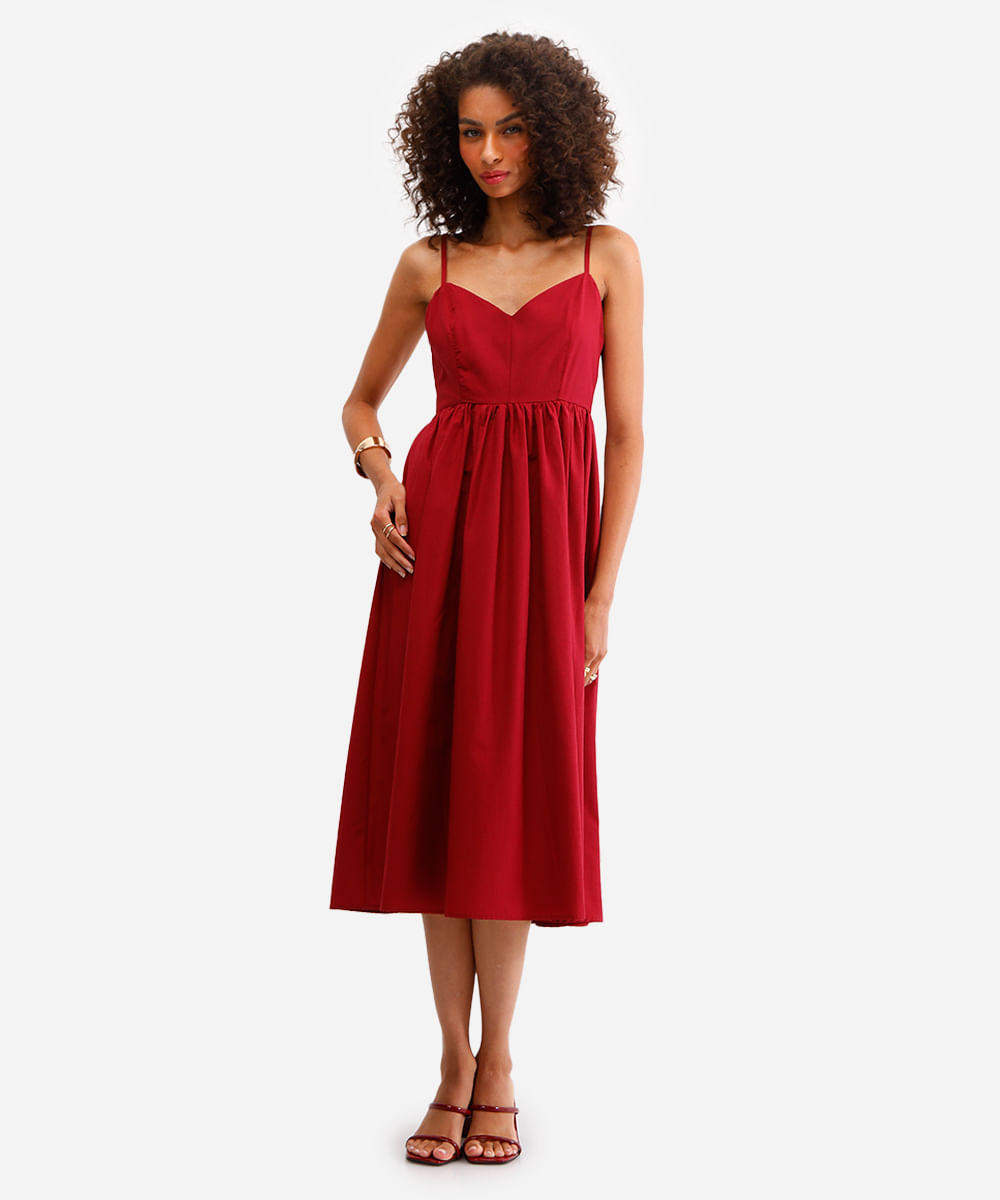 vestido midi feminino alça fina godê vinho
