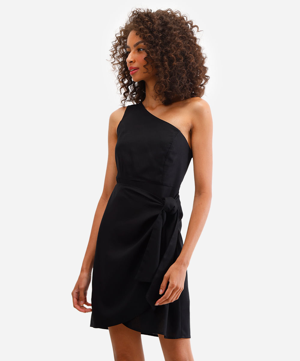 vestido ombro único com linho e amarração preto